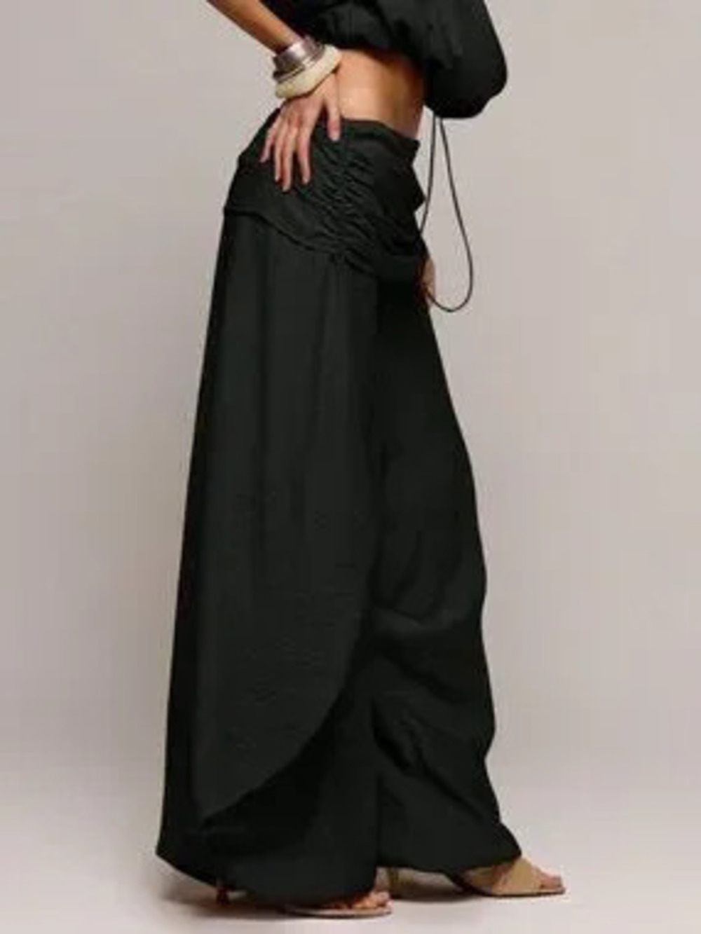 Black Casual Women's Low Rise Textured Drape Wide-Leg Trousers